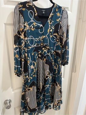 Ann Taylor Petite Teal and Black Patterned Midi Dress Size OP
